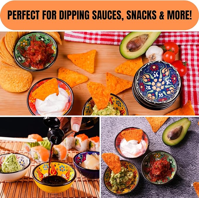 BCS Ceramic Pinch Bowls Set of 6, Small Bowls for Dipping - Cooking Prep & Charcuterie Board, Soy Sauce Dish, Multicolor Handmade Decorative Serving Dishes (3.2'' - 3 oz)