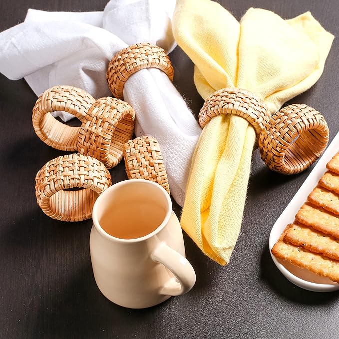 Rattan Napkin Rings Set of 12 - Fancy Elegant Beautiful Decorative Napkin Holder for Dining Table Décor, Easter, Farmhouse, Dinner, Wedding, Family Gathering, Thanksgiving & Everyday Use - Natural