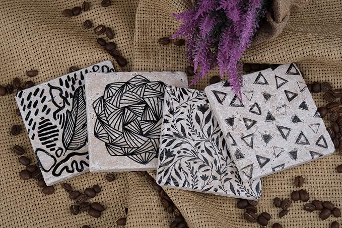 Black and White Modern Coaster Set of 4, Absorbent Square Coasters - Image 5