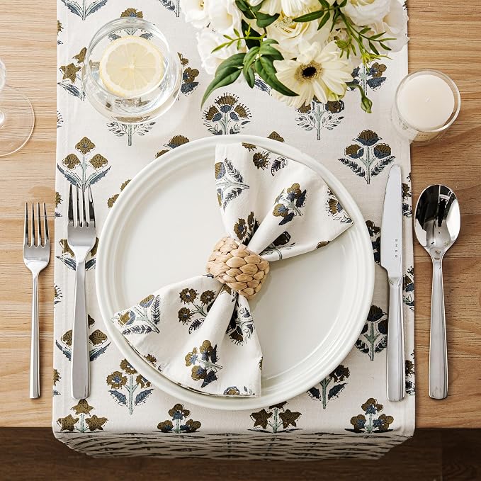 Block Print Floral Decorative Table Runners, 13x60 Inch Brown | 100% Organic - Image 3