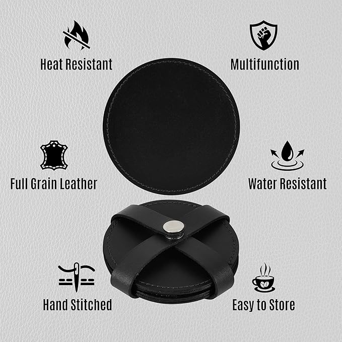 Genuine Leather, Premium Table Coasters by Leatherific, Round, 4 inch, Set of 6, with Holster, Handcrafted, Hand Made, Non Slip Drink Mats, Black (Onyx Black, 4")