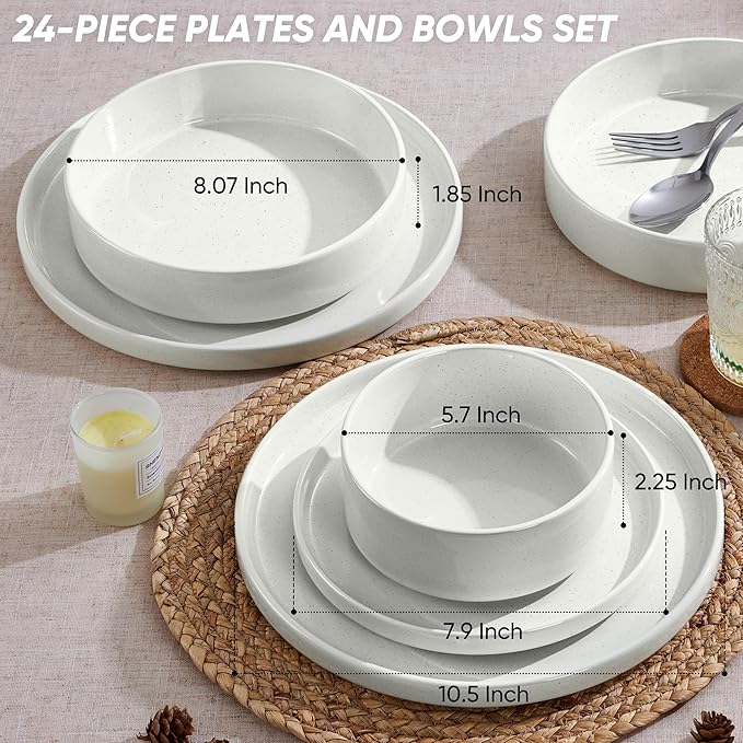 E-far Dinnerware Sets with Pasta Bowls, 24-Piece Stoneware Plates and Bowls Sets for 6 | Microwave & Dishwasher Safe Kitchen Modern Dish Set, Speckled White