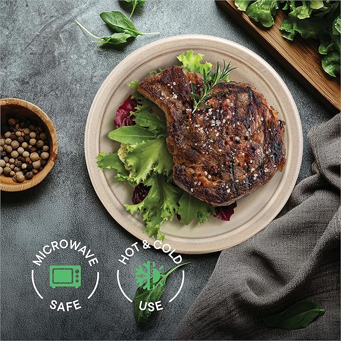 Paper Plates, 100% Compostable Heavy Duty Disposable 10 Inch Plate - [125-Pack] Eco-Friendly, Biodegradable Bagasse - (PFAS-Free) - (BPI Certified)