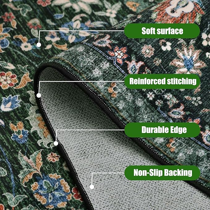 Dark Green Rug 4x6 Area Rug with Non-Slip Backing, Washable Rugs for Bedroom Living Room Kitchen, Distressed Carpet Printed Low-Pile Soft Dorm Rug Room Decor