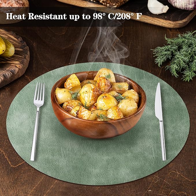 Round Placemats and Coasters Set of 6, Washable Reversible Faux Leather Placemats Cowhide Pattern Place Mats Wipeable Non-Slip 15 inch Round Kitchen Dining Table Mats (Gray Green, 6)