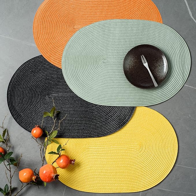 FunWheat Oval Braided Placemats Set of 6 Table Mats for Dining Tables Washable Heat Resistant Place mats for Daily Use 12 x18 Inch (Oval Black, 6pcs)