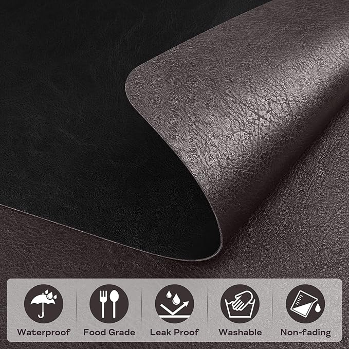 AAPLKER Faux Leather Placemats Set of 6, Vinyl Placemats Wipeable Waterproof Oil-Proof Table Mats, Heat Resistant Place Mats for Kitchen Indoor Outdoor, 16.9 x 11.8 inches (Choco Brown/Black)