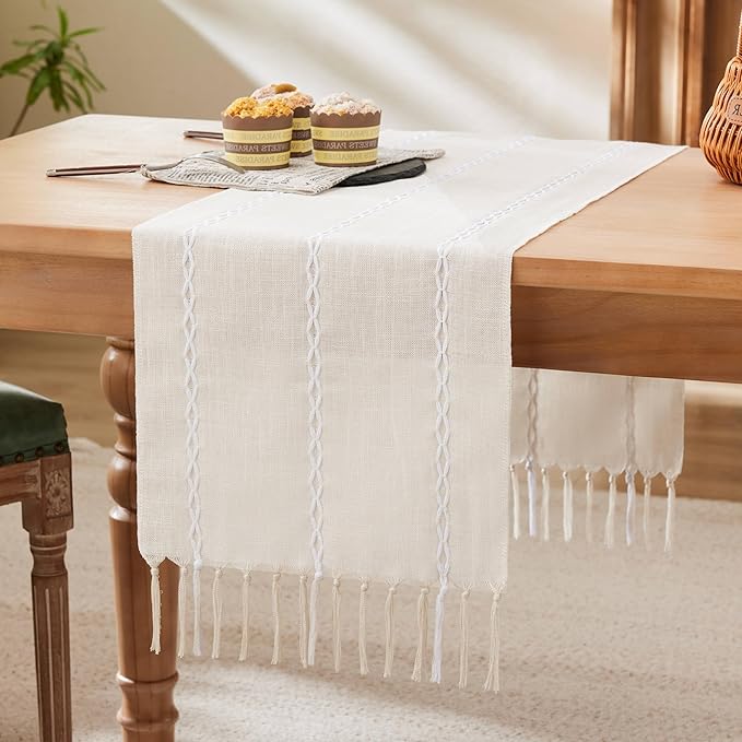 Braided Farmhouse Table Runner, Braided Beige 13x108 Inch, Cotton Linen Table by Unknown