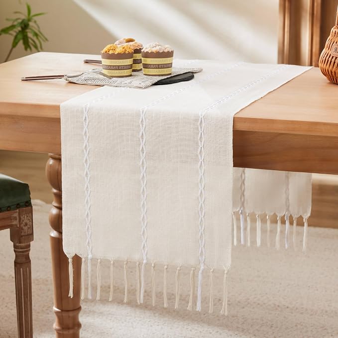 Braided Farmhouse Table Runner, Braided Beige 13x90 Inch, Cotton Linen Table by Unknown