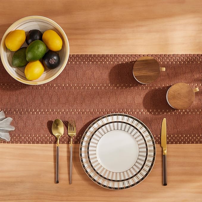 Macrame Style Boho Table Runner, 12x60 Inch Terracotta | Woven Boho Table Runner - Image 4