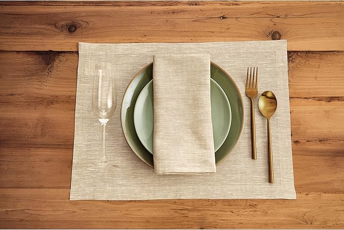Solino Home Linen Cloth Placemats Set of 4-100% Pure Linen Champagne Beige Placemats 14 x 19 Inch for Spring, Easter - Athena