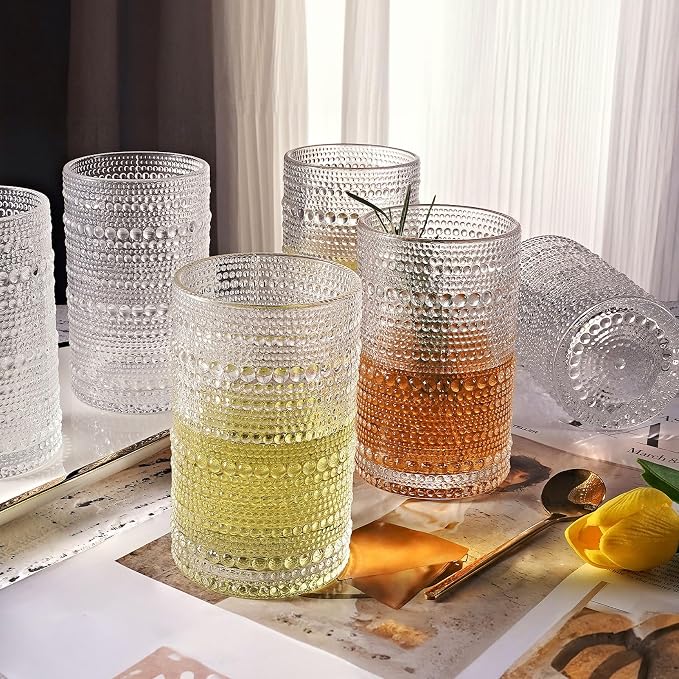 OPAYLY hobnail drinking glasses Highball Glasses Set of 4 12oZ Embossed Vintage - Image 3