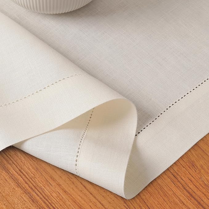 D'Moksha Homes Linen Ivory Table Runner 108 Inches Long - 100% Pure Linen 14 x 108 Inch Table Runner for Valentines, Spring, Easter - Classic Hemstitch