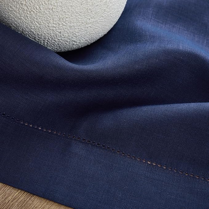 Solino Home Linen Tablecloth for Rectangle Tables 60 x 90 Inch - Classic Hemstitch 100% Pure Linen Navy Blue Table Cloth - Machine Washable Cloth Tablecloth for Winter, Easter