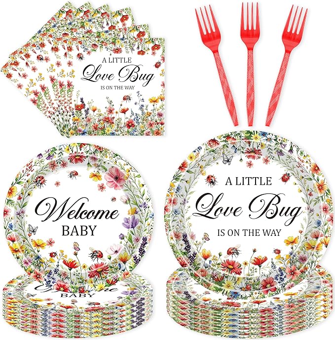 96 Pcs Love Bug Baby Shower Decorations, Floral Tableware Set | Includes paper by EoBeCy