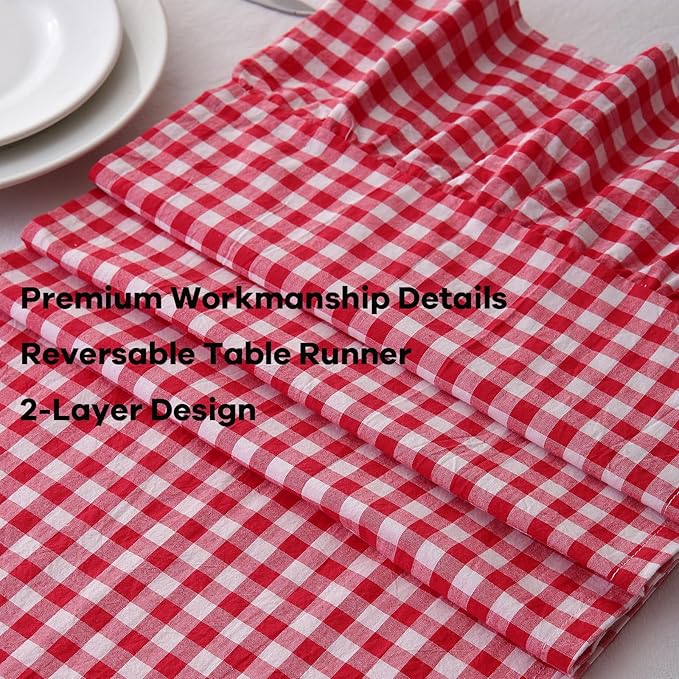 Red White Plaid Gingham Ruffle Table Runner 72 inches Long 100% Washed Cotton - Image 5