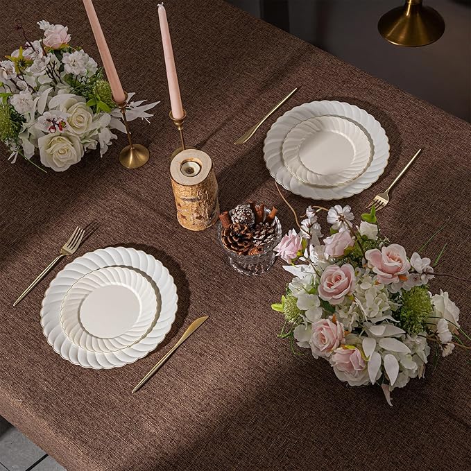 U-QE 60 Pcs Ivory Plastic Plates with Gold Trim – Scalloped Plate Disposable for Party - Elegant Plastic Plates Include 30 10.25" Dinner & 30 7.25" Dessert Plates for Party & Valentines Day