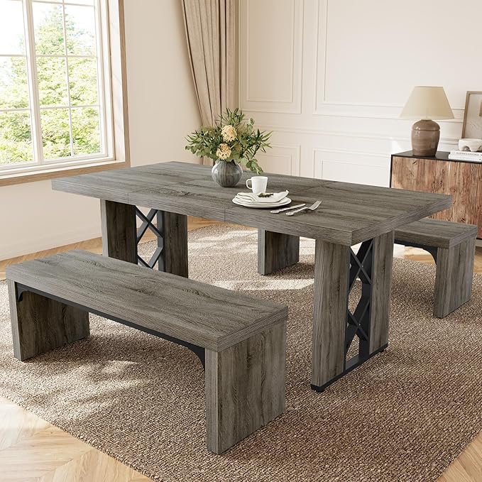 3-Piece Dining Table Set for 6 People, 70.8'' Rectangle Kitchen Table with 2 Benches for Breakfast Nook, Dining Room Furniture(Grey Table+2 Benches)