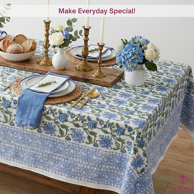 ATOSII Taj 100% Cotton Fall Autumn Tablecloth, Hand Block Print Floral Rectangle Table Cloth Linen for Dining Buffet Parties Weddings Outdoors Christmas Thanksgiving Decor 60 X 90 Inches, 6 Seater