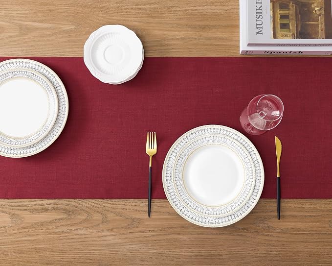 Linen Textured Border Table Runner, 14 x 36 Inch Red | Mitered Corner Design - Image 4