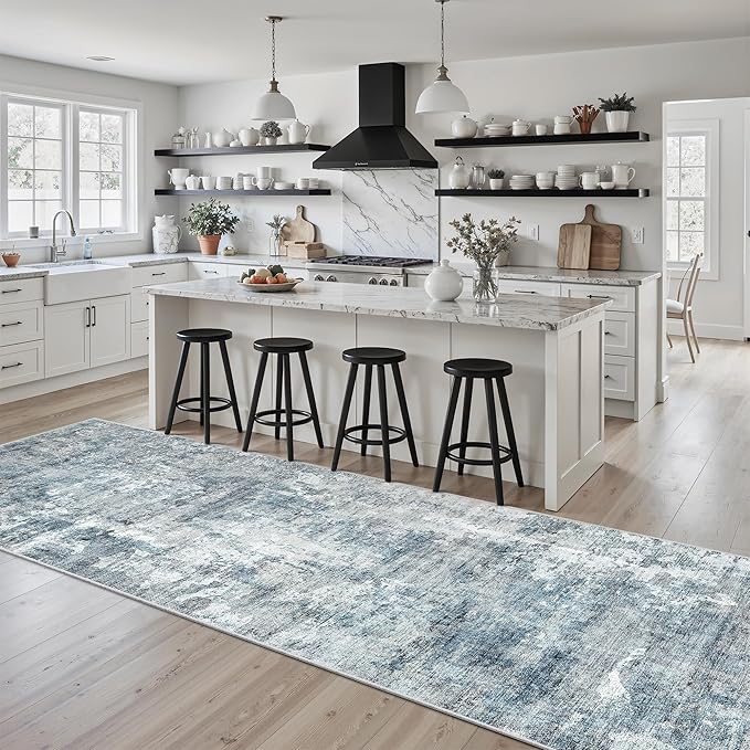 Runner Rug 2'x10' Abstract Washable Non-Slip Runner Rugs for Kitchen Bathroom Laundry Room Blue Vintage Floor Carpet Runners for Hallway Entryway