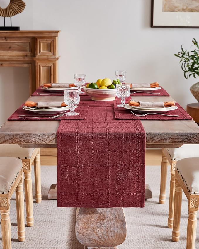 Linen Checked Farmhouse Table Runner, 13x48 Inches Burgundy | Raised Grid Design - Image 2
