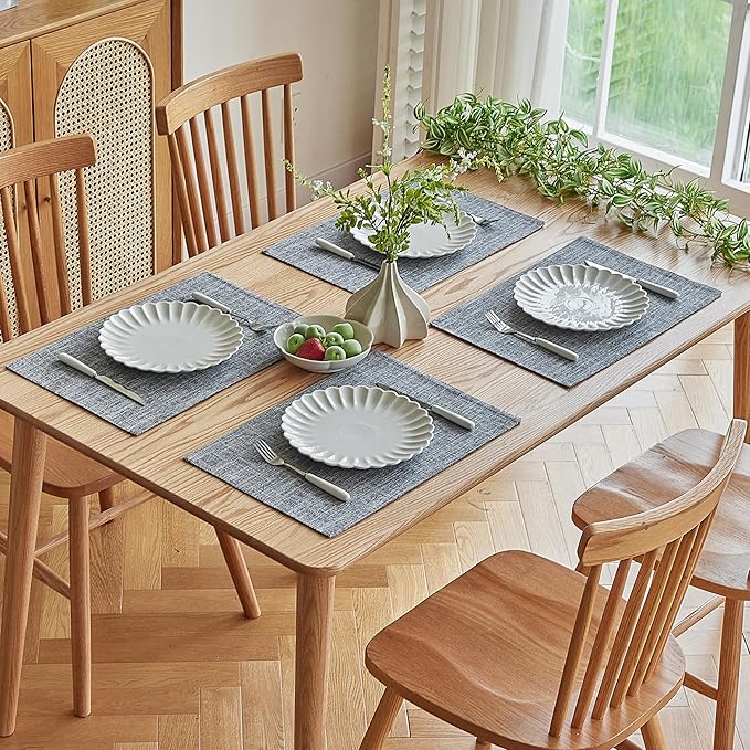 Softalker Faux Linen Placemats Set of 4-12 x 18 Inch, Heat Resistant Double Layered Durable Burlap Farmhouse Place Mats, Non-Slip Washable Rustic Table Mats for Dining, Kitchen, Party（Light Grey