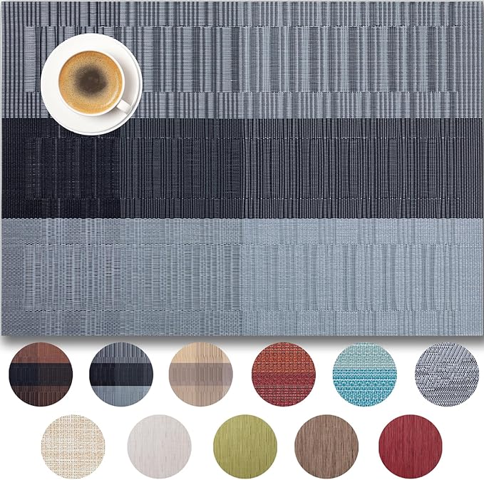 Placemats Set of 12 - Easy Clean Woven Vinyl Placemats for Dining Table, Indoor/Outdoor Place Mats, Washable PVC Table Mats （Silver Gray Black）