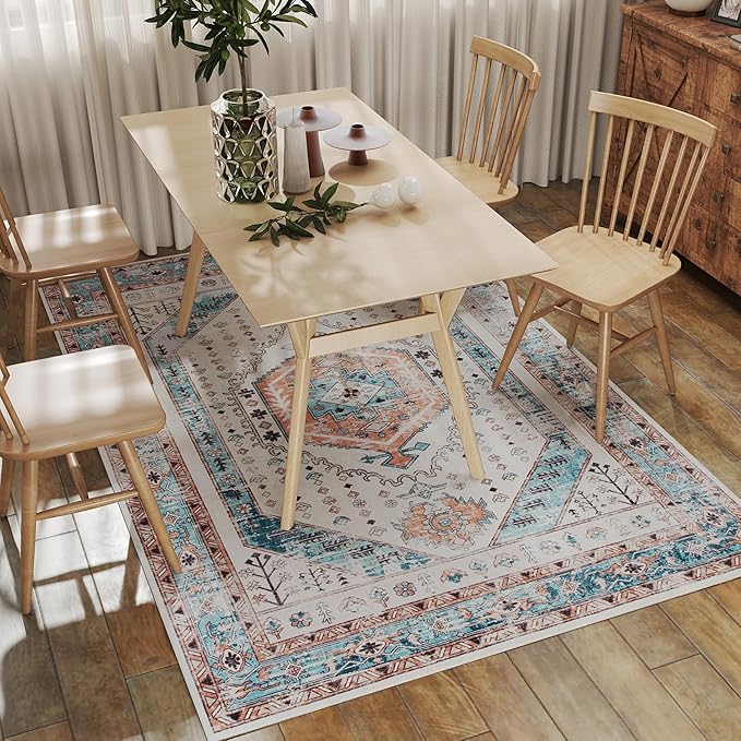 HOMCOM Washable Area Rug, 5'x7' Vintage Indoor Distressed Carpet, Retro Floor Cover Foldable, Floral Print Mat for Living Room, Bedroom, Dining Room, Brown and Blue