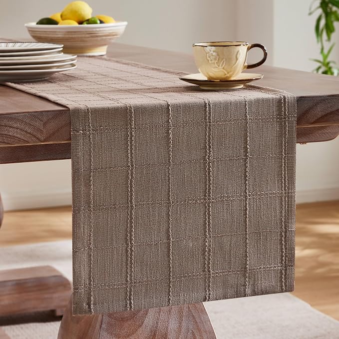Linen Checked Farmhouse Table Runner, 13x90 Inches Cocoa Brown | Raised Grid - Image 4