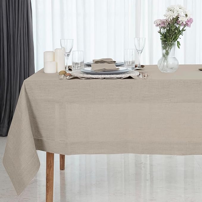 D'Moksha Homes Natural Linen Tablecloth 54 x 72 Inch - 100% Pure Linen Natural Table Cloth for Rectangle Tables - Classic Hemstitch, Machine Washable Tablecloth for Valentines, Spring, Easter