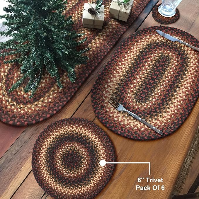 Homespice Prescott Jute Woven Trivets for Kitchen - Set of 6 - Round 15", Black & Red - Rich Colors, Easy to Clean, Durable and Protects Furniture