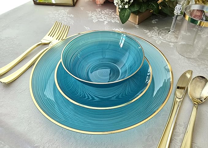 " OCCASIONS " 50 Plates Pack (25 Guests)-Wedding Party Disposable Plastic Plate Set -25 x 10'' Dinner + 25 x 7'' Salad & Dessert plates (Belize in Aqua & Gold)