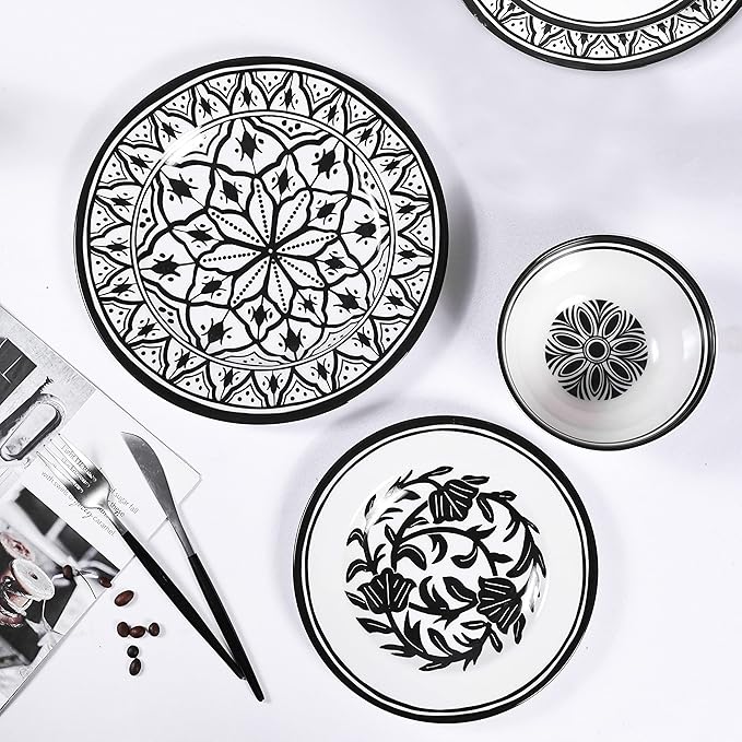 Melamine Dinnerware Sets-12pcs Melamine Plates and Bowls Set, Unbreakable, Dishwasher Safe, Indoor Outdoor Use, Ideals for Parties, Camping Dish Set, Black and White Pattern