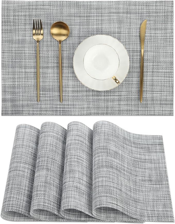 SHACOS Woven Vinyl Placemats Set of 4 Wipe Clean Reversible Table Mats Heat Resistant Wipeable Non Slip Place Mats Indoor Outdoor, Gray White