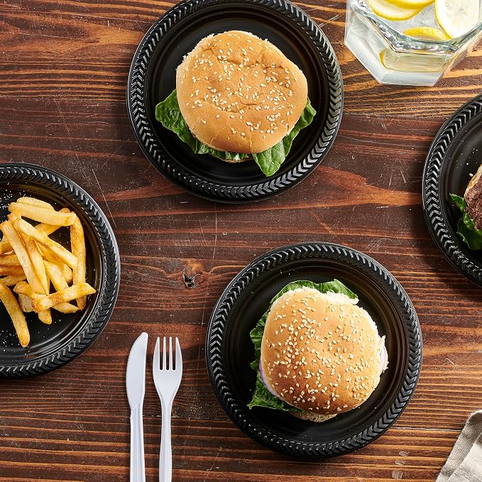 PLASTICPRO 400 PCS Black Plastic Plates Light Weight 7 Inch Plastic Dinner - Image 2