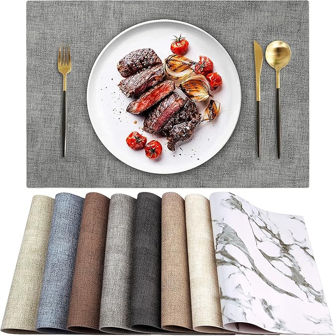 Leather Heat Resistant Placemats Set of 6 Waterproof Wipeable Washable PU Table Mats,Easy to Clean Anti-Slip Place Mats (Light Grey, 6)