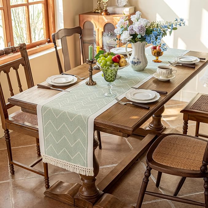 14x95 Geometric Table Runner Waterproof Boho Dresser Scarf Tassels | Hosting a - Image 2