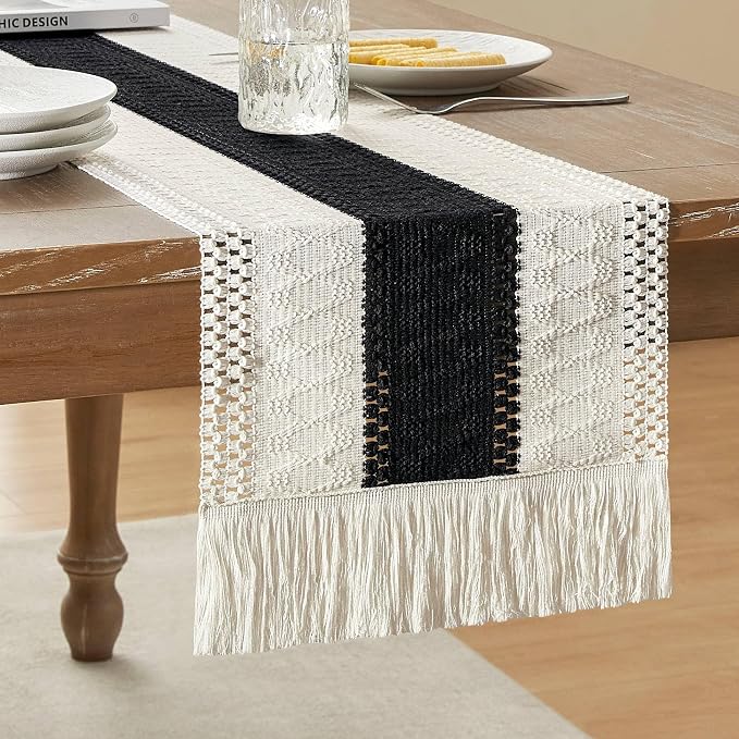 Macrame Style Bicolor Stitching Table Runner, 12 x 108 Inch Black/Ivory by ZEEMARTONLINE