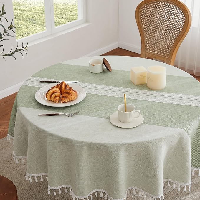 ZeeMart Contrast Linen Round Tablecloth 52 Inch Mid-Stripe Green, Farmhouse Style Round Table Cloth Heavy Weight Sage Green Tablecloths, Water Resistant Burlap Table Cloths