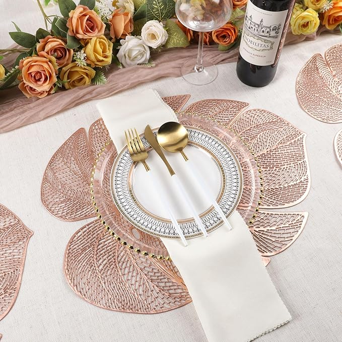 Evevda Rose Gold Leaf Shaped Vinyl Placemats for Dinner Table Set of 8 Metallic Plastic Place Mats Wipeable 8Pcs Table Mats for Wedding Annersary Dinner Table Decoration Mats(17.7x13.8inch/45x35cm)…