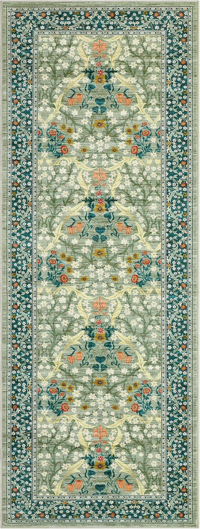 GarveeHome 2x6 Kitchen Runner Rug, Washable Rug for Hallway Non Slip Sage Green, Ultra-Thin Boho Soft Kitchen Runner Rug Botanical Carpet for Entryway, Laundry Room, Bedroom Floor Mat