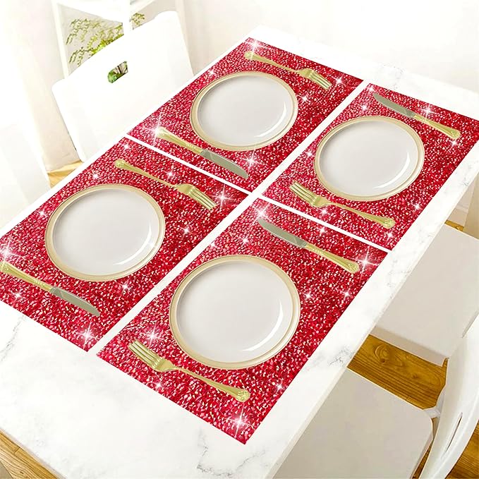 Red Sparkly Rhinestone Decor Square Placemats - Heat Resistant Mat Set of 2