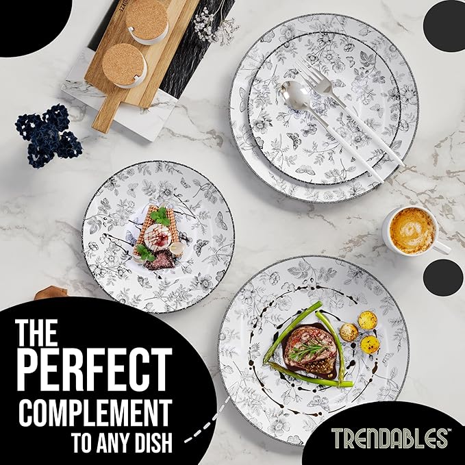 Trendables Disposable Plates For Party Supplies | Black Floral Plastic Plates For Wedding 40 Pcs - 20 X 8 & 20 X 10 Dinner Plate Sets | Floral Plate Set Disposable Plastic Dinnerware Sets
