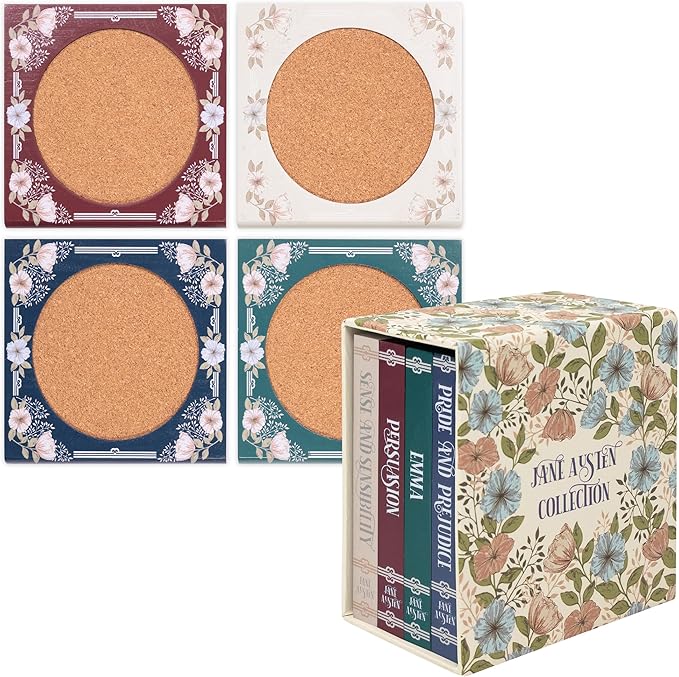 Steel Mill & Co Book Coaster Set of 4, Classic Wood & Cork Drink Coasters with Decorative Paper-Wrapped Storage Box for Aesthetic Coffee Table Decor for Book Lovers (Jane Austen)