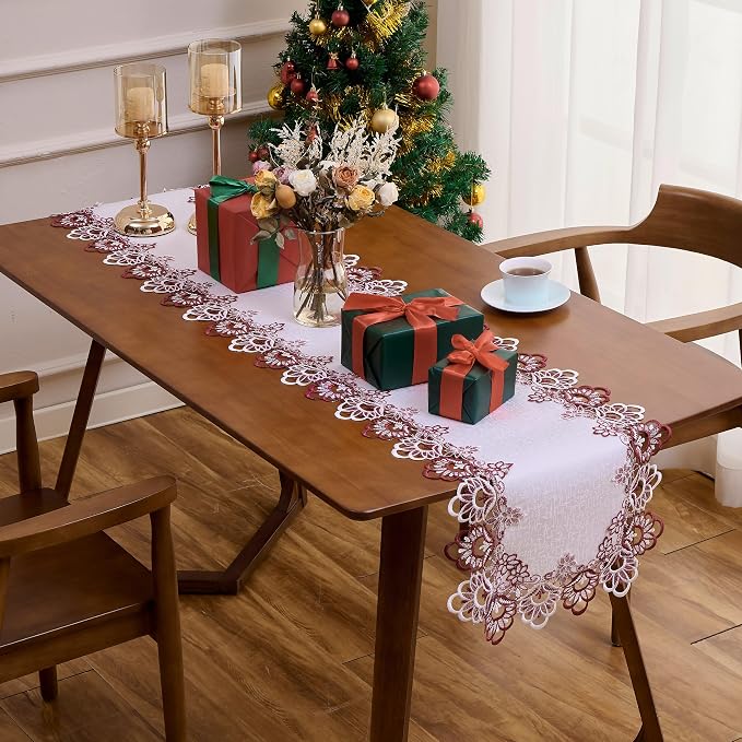 White Dark Red Jacquard Lace Floral Table Runner 108 inches | French Dresser - Image 4
