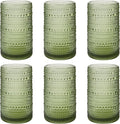 Vintage Hobnail Drinking Glasses Set of 6, 16 oz Large Capacity Embossed Green Tumblers, Highball Glasses for Water, Cocktail, Beer, Whiskey, Kitchen & Bar Use
