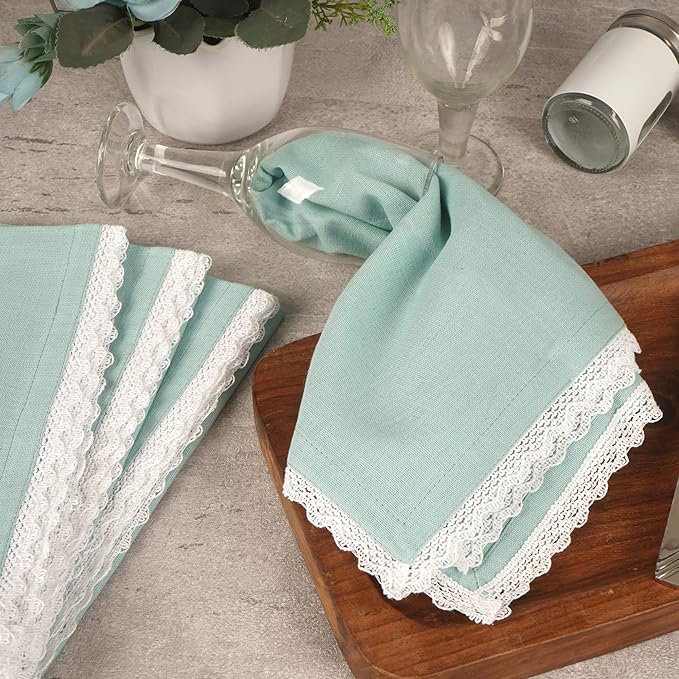 Fingercraft Dinner Cloth Napkin Cotton Linen Set of 12 Mitered Corners with Natural Elegant Lace for Everyday Use Napkins are Pre Shrunk and Good Absorbency with Lace 20x20 in Aqua