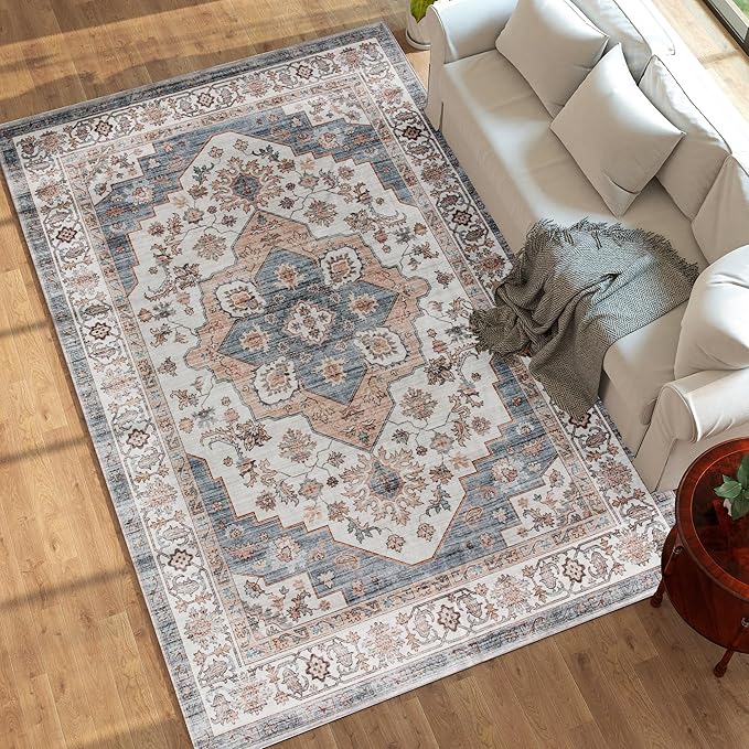 HOMCOM Washable Area Rug, 8'x10' Vintage Indoor Distressed Carpet, Retro Floor Cover Foldable, Floral Print Mat for Living Room, Bedroom, Dining Room, Brown and Light Blue