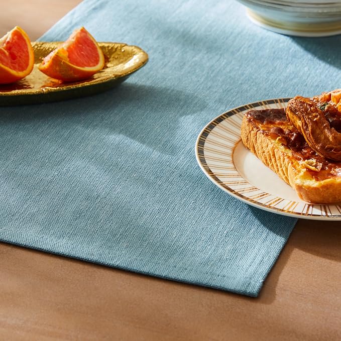 Rustic Cotton Linen Table Runner, 13x108 Inches River Blue | Farmhouse Style by ZEEMARTONLINE